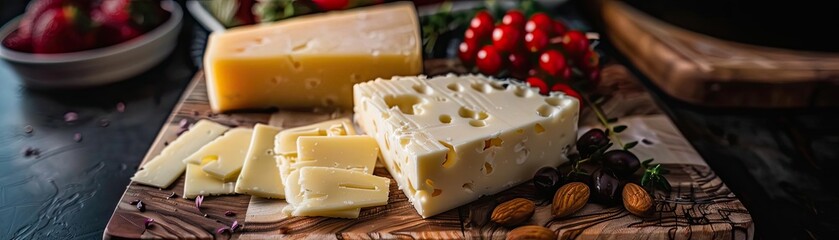 A delectable assortment of cheeses, nuts, and fruits arranged on a rustic wooden board, perfect for a gourmet snack or entertaining guests.