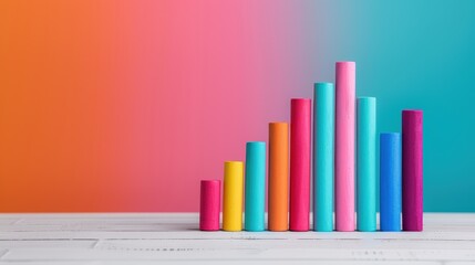 Colorful cylindrical objects arranged in a bar graph style on a white surface with a gradient background.