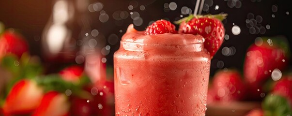 Refreshing strawberry smoothie in a mason jar with fresh strawberries, perfect for summer beverage or healthy drink concept.