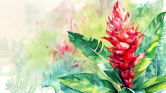 Red ginger flower in tropical environment, water color painting of tropical flower.