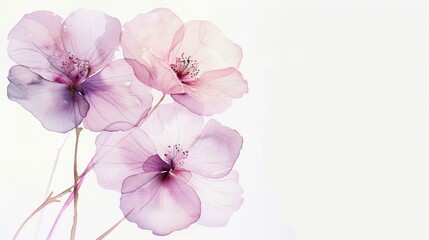 Watercolor painting of three delicate pink and purple flowers on a white background.