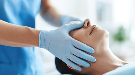 Close-up of a healthcare professional performing a gentle examination on a patient, emphasizing care and well-being in a clinical setting.