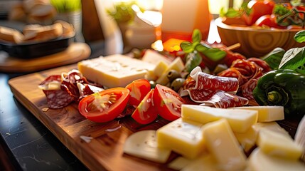 Delicious antipasto platter with a variety of cheeses, meats, and fresh vegetables on a wooden board in a sunlit kitchen.