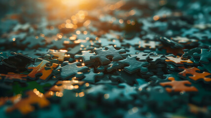 A close-up of scattered puzzle pieces, symbolizing the complexity and intricacy emerging from chaos