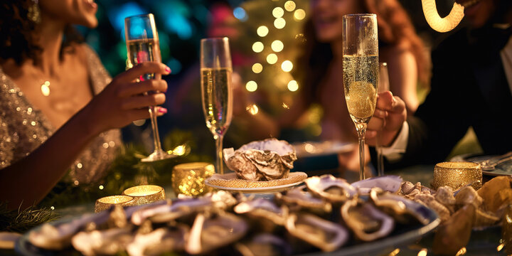 Luxurious party scene with guests enjoying oysters and champagne, with opulent decorations and ambient lighting setting the mood.