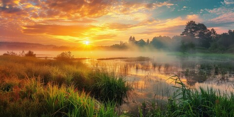 Sunrise Over Misty Lake