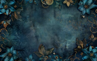 Blue Flower Border around the Chiffon blank space and Steampunk Background