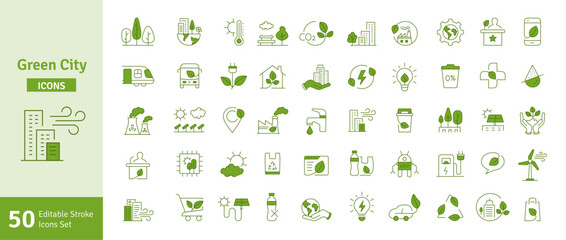 Green City Editable Line Icons Set. Green Technology, Net Zero, Carbon Neutral and Environmental Sustainability Concept in Minimal Style. Thin Outline Icons Collection