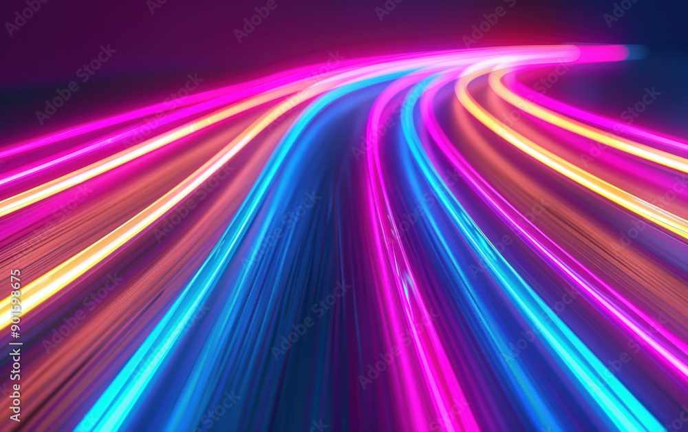 Poster vibrant abstract light trails in neon colors create dynamic movement against a dark backdrop, perfec