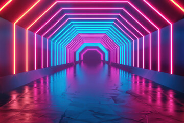 Futuristic neon-lit tunnel with vibrant pink and blue lights reflecting on the floor, creating a mesmerizing and modern atmosphere.