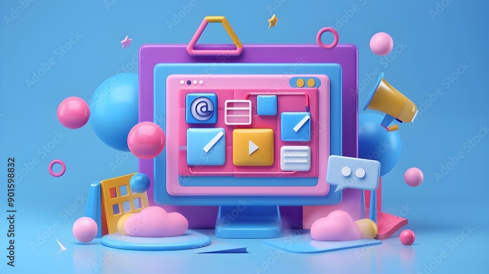 Poster creative virtual computer interface with 3d geometric shapes and colorful spheres on modern digital