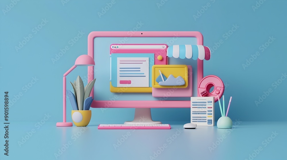 Poster minimalist digital workspace with vibrant graphic elements and data visualization accessories