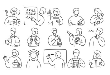 Education line illustration with students studying. Editable stroke