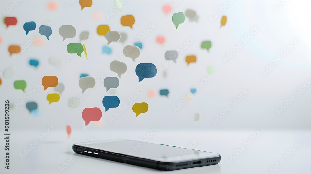 Aufkleber mobile phone on table with floating message bubbles for group chat invitation