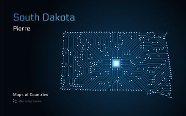 South Dakota Map with a capital of Pierre Shown in a Microchip Pattern. E-government. United States vector maps. Microchip Series	
