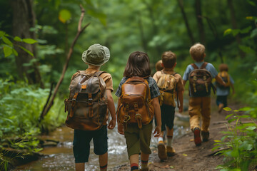 Rear view of children walking on trail in woods alongside stream, Summer activities, copy space