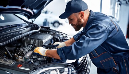 Mechanic inspecting a car engine in a workshop. Professional automotive repair and diagnostics, perfect for auto repair and service content.