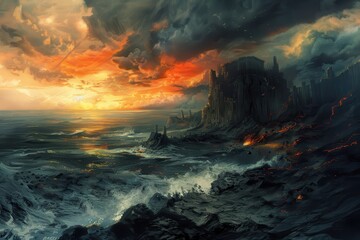 Fototapeta premium Dark castle on a stormy sea coast with lava and lightning