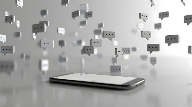Mobile Phone on Table with Floating Message Bubbles Inviting to Group Chat
