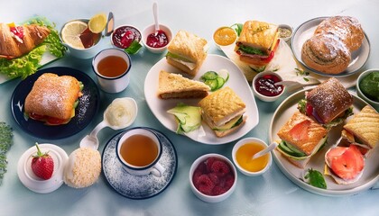Breakfast spread with sandwiches, croissants, and tea. Fresh and gourmet, suitable for food and beverage promotions, and recipe designs.