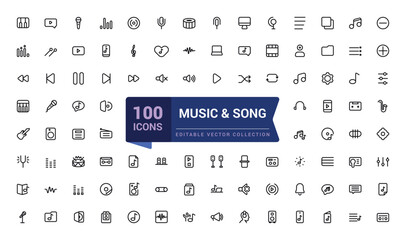 Set of Music And Song outline icons related to music and Entertainment. Linear icon collection. Editable stroke. Vector illustration.