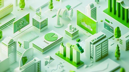 Isometric Data Visualization and Business Analytics Concept in Green Gradient Minimalist