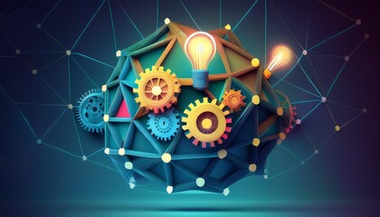 Abstract concept with gears and lightbulbs representing ideas and innovation. Creative and technological themes, ideal for tech presentations and educational materials.