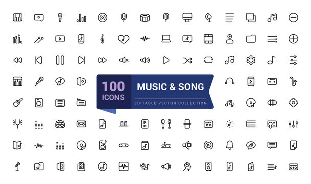 Set of Music And Song outline icons related to music and Entertainment. Linear icon collection. Editable stroke. Vector illustration.