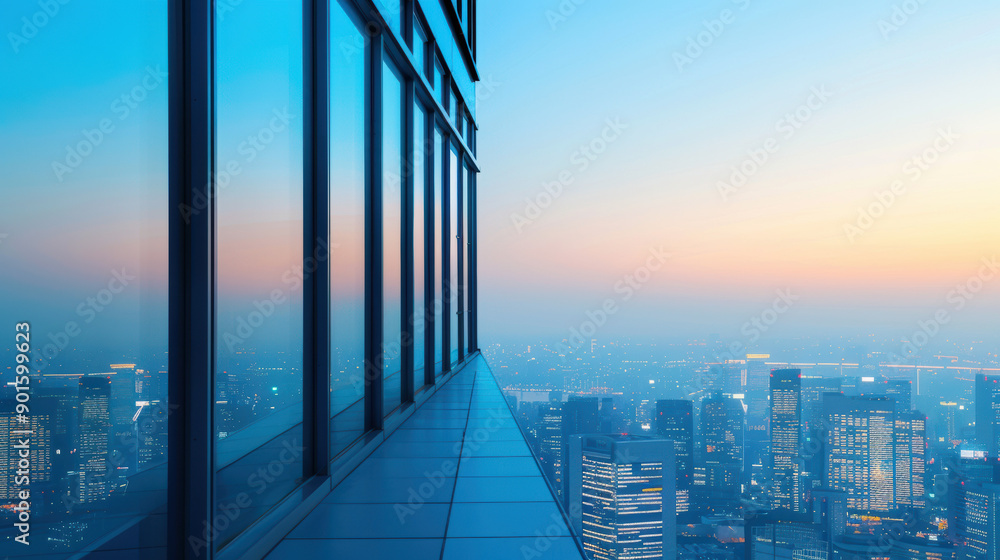 Aufkleber stunning view of a modern skyscraper with large windows reflecting the cityscape at twilight, showca
