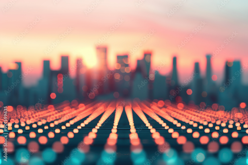 Aufkleber futuristic cityscape with blurred buildings in the background and glowing lights in the forefront at
