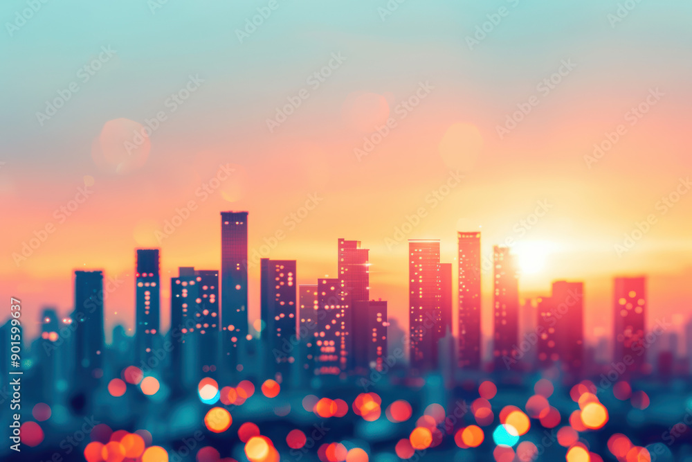 Aufkleber sunset skyline with a dreamy bokeh effect, creating a vibrant and colorful cityscape. perfect for ba