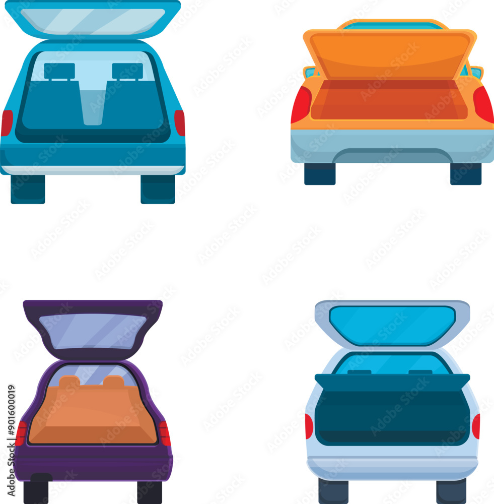 Poster auto trunk icons set cartoon vector. minivan with open trunk. back view