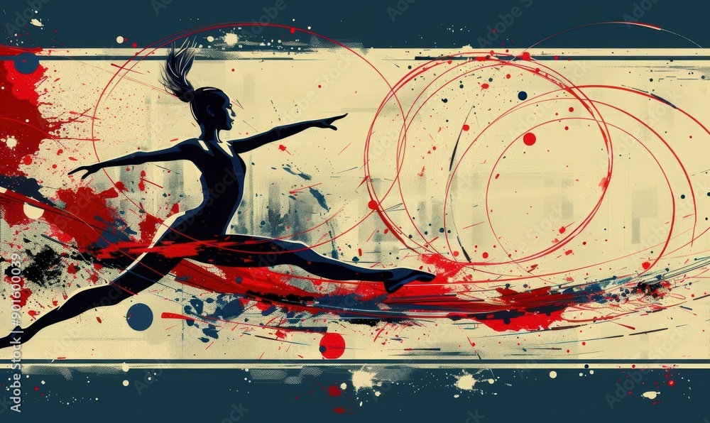 Poster olympics dynamic silhouette of dancer with splashes and spiral patterns, red and black