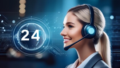 Smiling woman with headset offering 24/7 customer support, surrounded by digital elements and a globe icon.