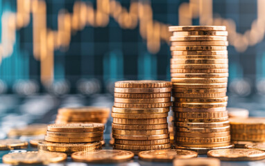 Stacks of gold coins in front of a finance chart representing rising investments and economic growth in the stock market.