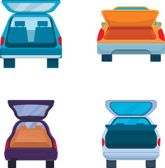 Auto trunk icons set cartoon vector. Minivan with open trunk. Back view