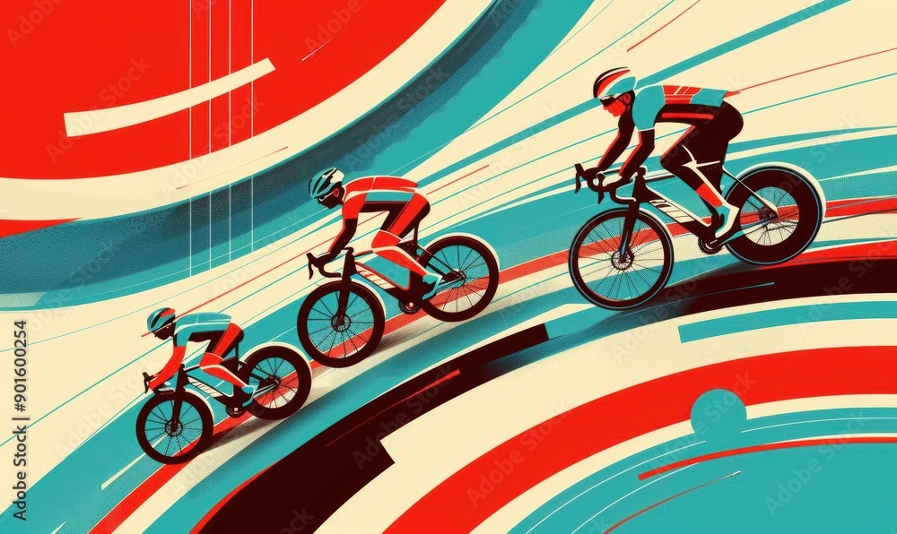 Poster dynamic red and blue illustration of cyclists in motion on curved paths