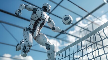 Robot Volleyball Player Spiking Ball: A tall robot leaping to spike a volleyball over the net.
