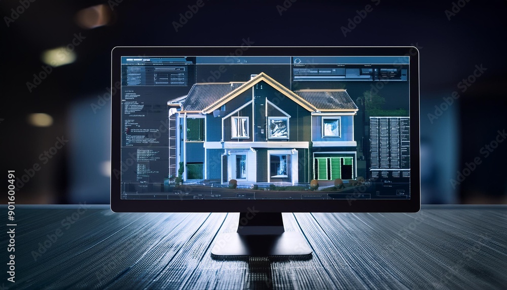 Wall mural computer monitor displaying a 3d house model using architectural software, showcasing modern home de