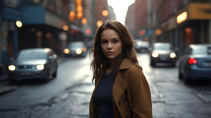 Fototapeta premium Woman walking in the city at night, smiling in a stylish jacket, autumn or winter setting