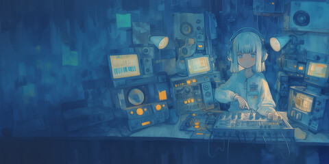 Ai　無線ガール。女性。イラスト。水彩画。挿絵。