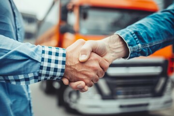 Closeup Of A Handshake Between Two Men, Big Orange Truck On A Background. Business Logistics Deal. - Powered by Adobe