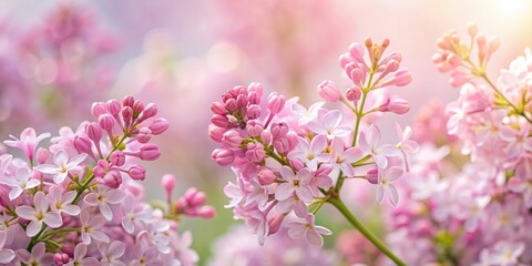 Obraz premium Delicate pink lilac flowers blossom on slender stems against a pure white background, radiating soft pastel hues and gentle springtime serenity.
