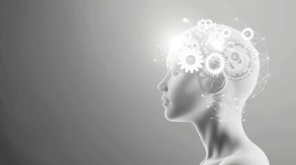 Abstract human head silhouette with gears and connections.