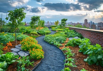 Naklejka premium A serene rooftop garden with pathways winding through beds of vegetables, herbs, and ornamental plants, providing a retreat from the urban hustle