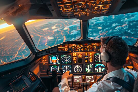 Pilot in Airplane Cockpit, Amazing Golden Hour View. Commercial Transatlantic Flight With Sunset