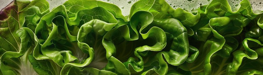 Obraz premium Close-up view of fresh green lettuce leaves with water droplets, highlighting the vibrant texture and natural appeal.