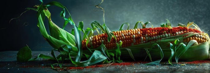 Close-up of a fresh corn on the cob with husk, captured with dramatic lighting on a dark background.