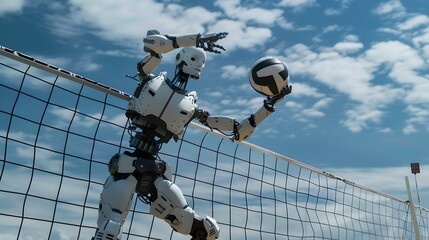 Obraz premium Robot Volleyball Player Spiking Ball: A tall robot leaping to spike a volleyball over the net. 
