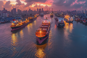 Fototapeta premium Panoramic view of a cargo ship from high up in the middle of the river with beautiful evening light.